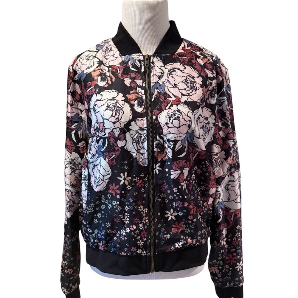 Floral Print Women's Bomber Jacket - Black and Pink
